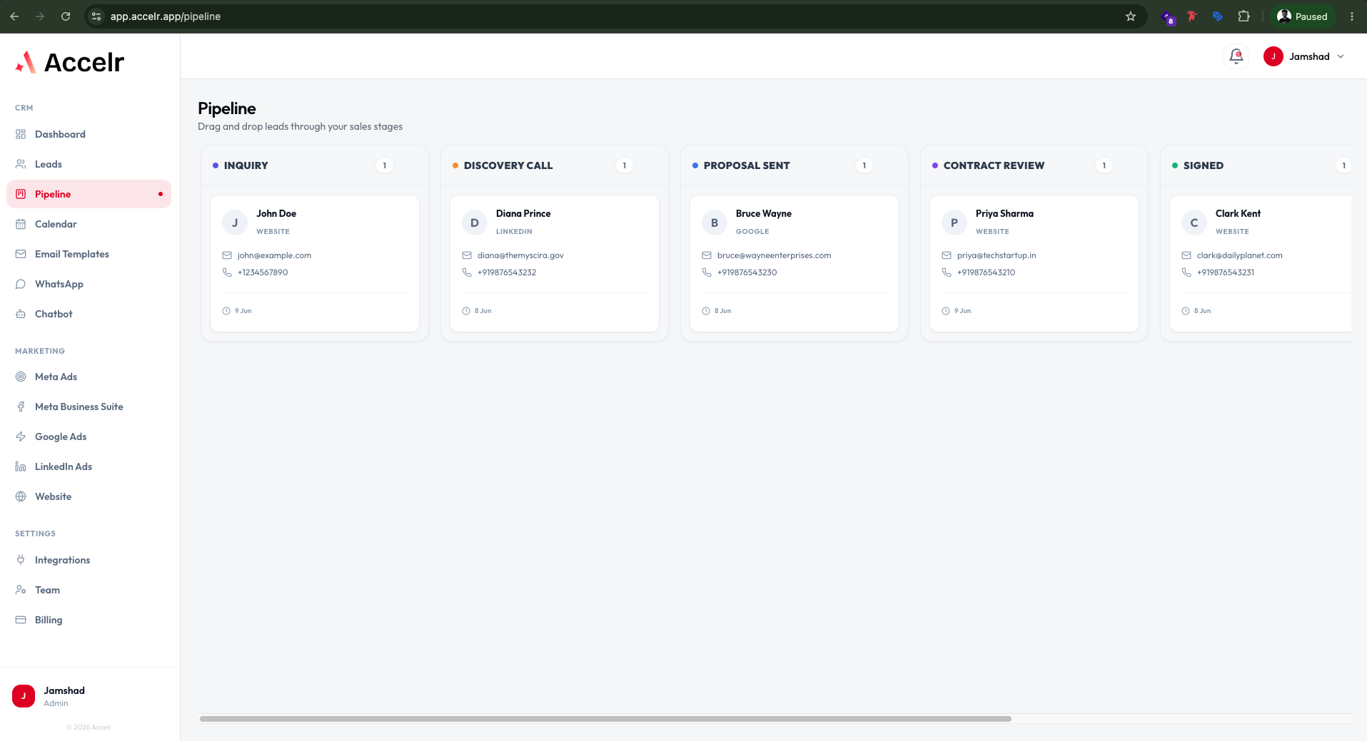 Accelr Sales Pipeline CRM Screenshot
